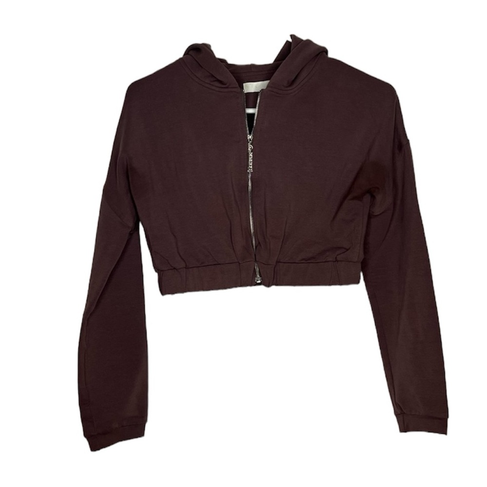 Meshki Women's Purple cropped cotton blend lined full zip Hoodie size small